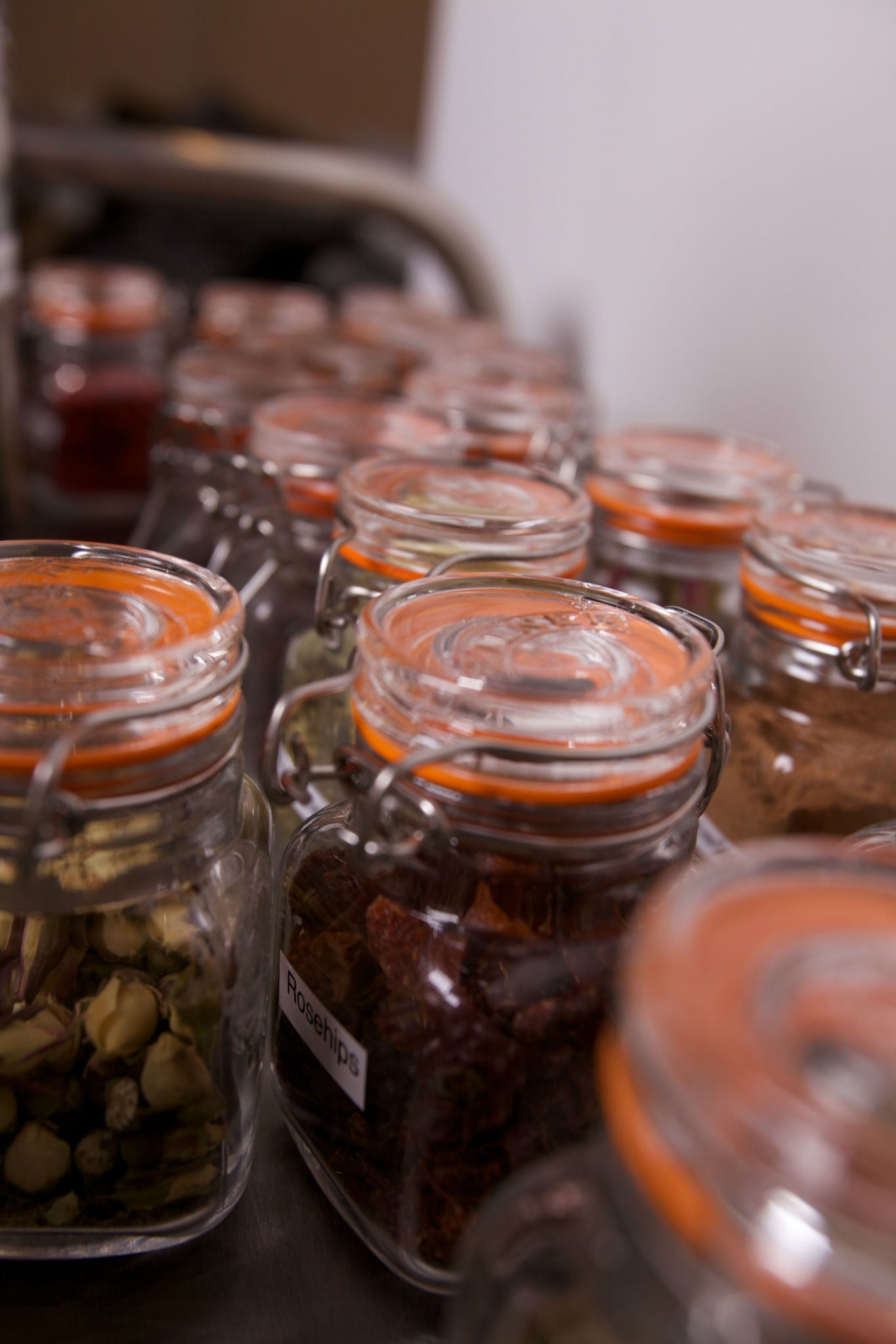 Jars of botanicals for gin making at Orkney Distillery