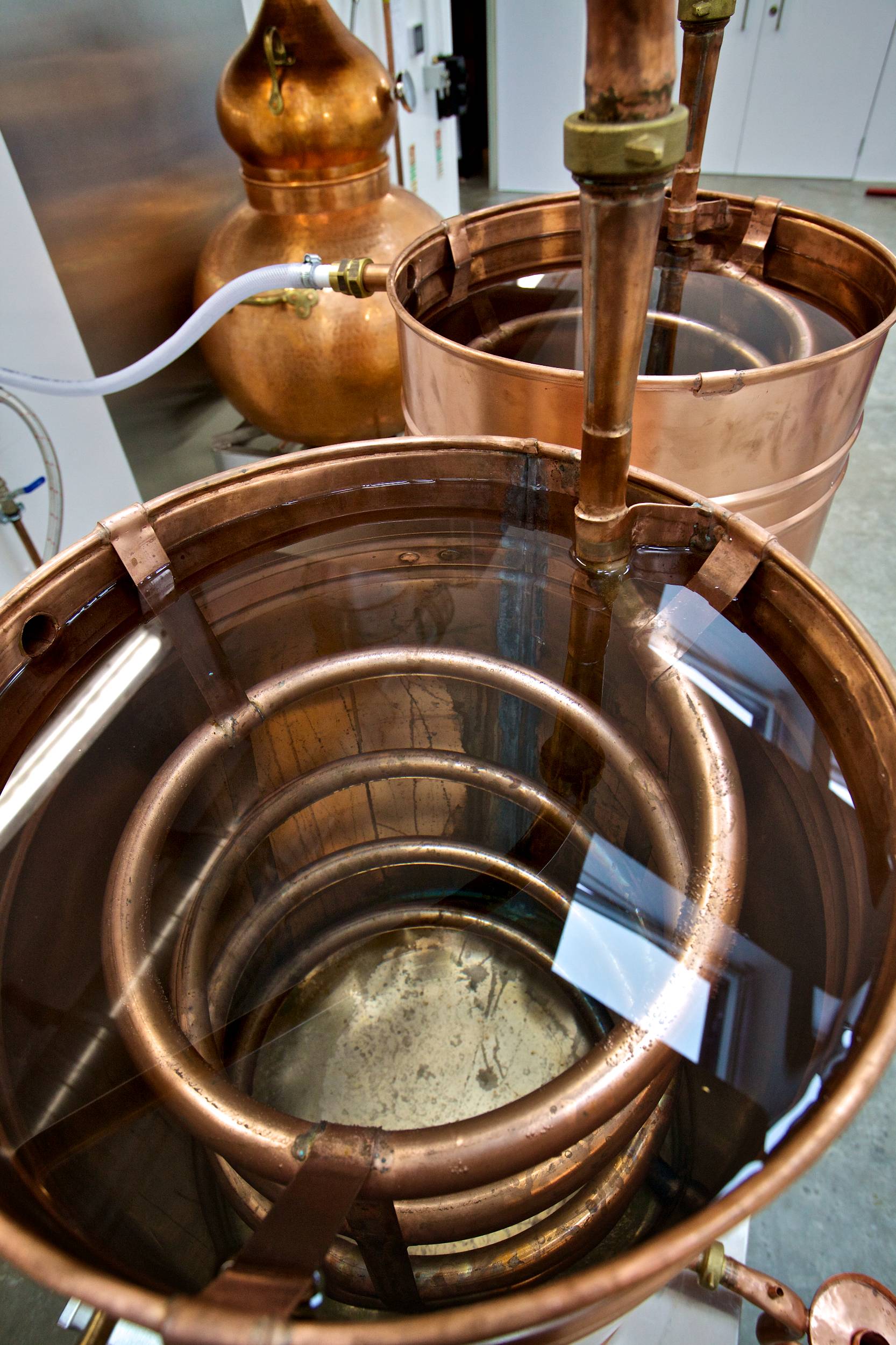 View inside a gin still at the Orkney Distillery